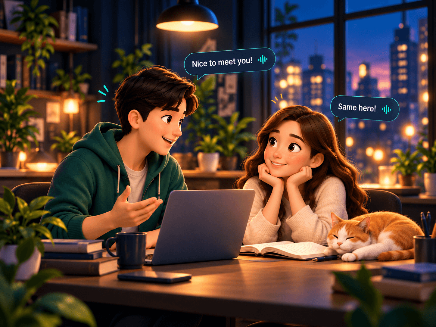 Hai người bạn luyện tiếng Anh ở quán cà phê cùng máy tính và một chú mèo đang ngủ